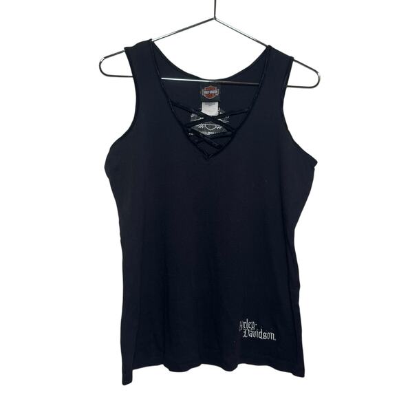 Vtg Harley Davidson Plus Size 1X Black Lace Up Front Bling Tank Top Laconia HD - Picture 2 of 7